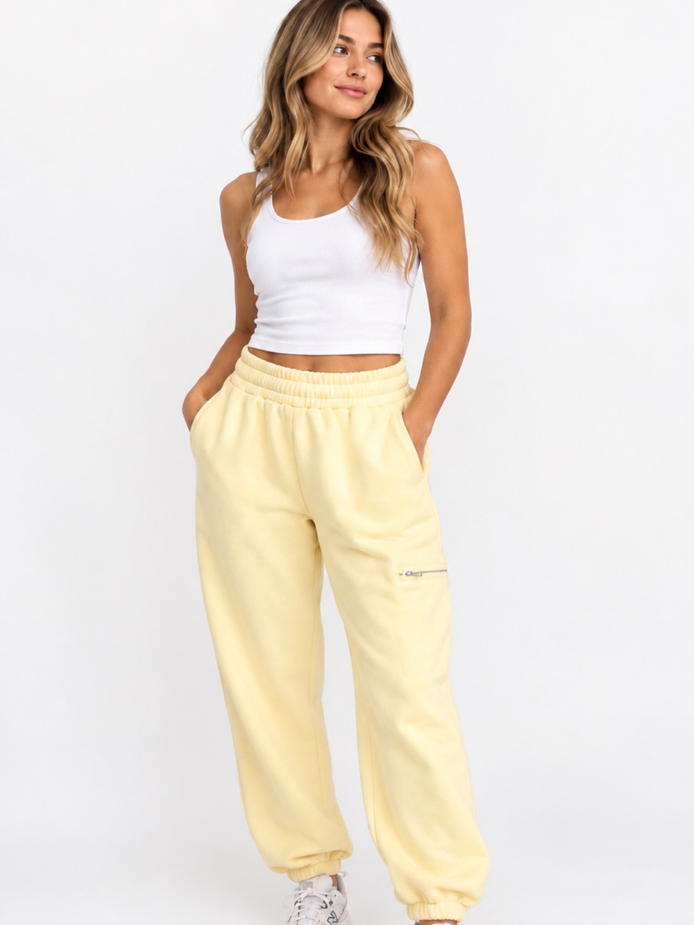 Comfort Travel Sweatpants Butter Yellow Joggers Zip Pocket M